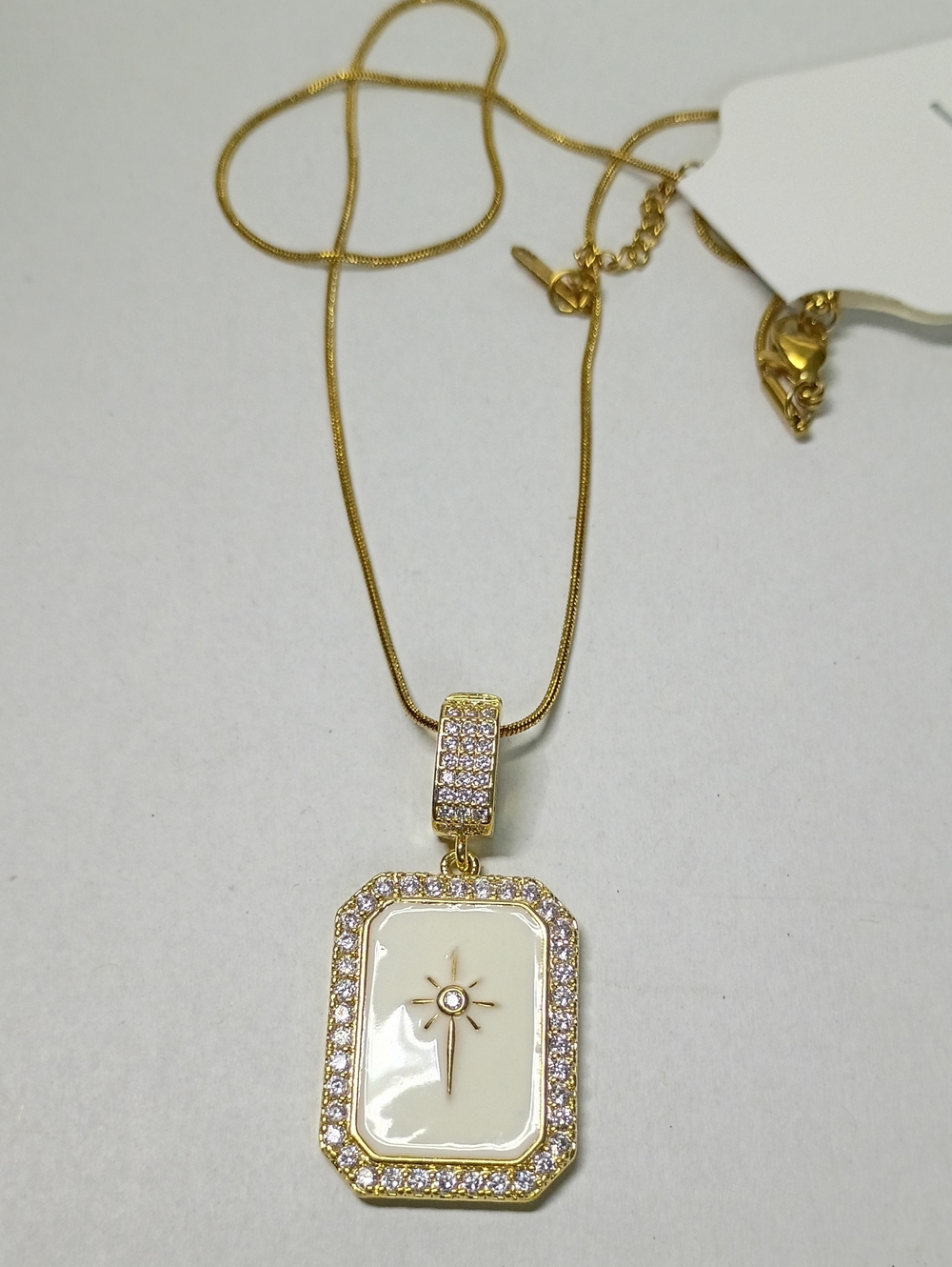 New Gold-tone White Enamel Sunburst Pendant Necklace
